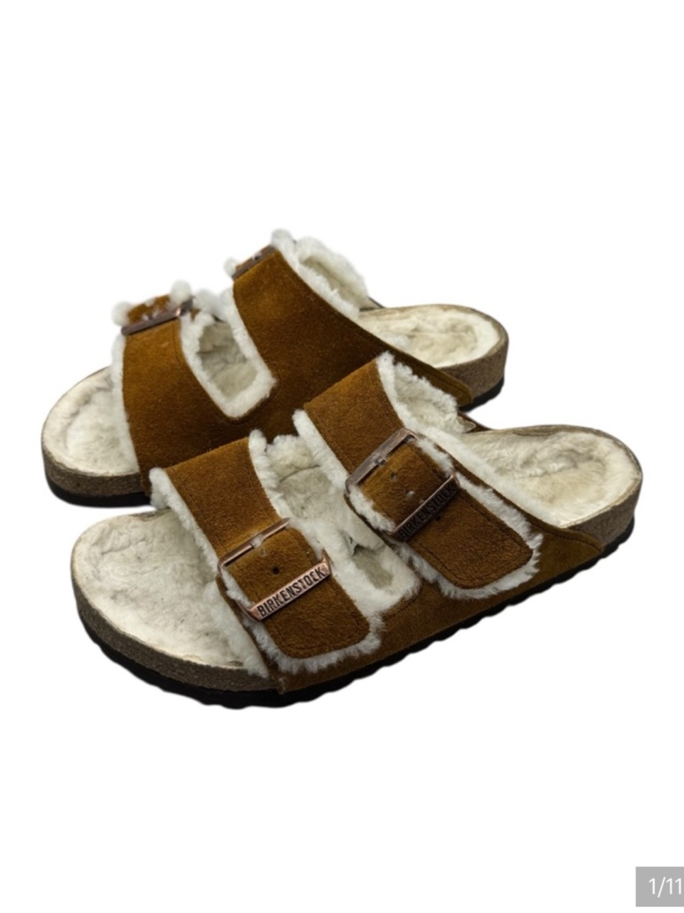 Birkenstock Arizona Shearling Suede Leather Sandals Brown Size 37